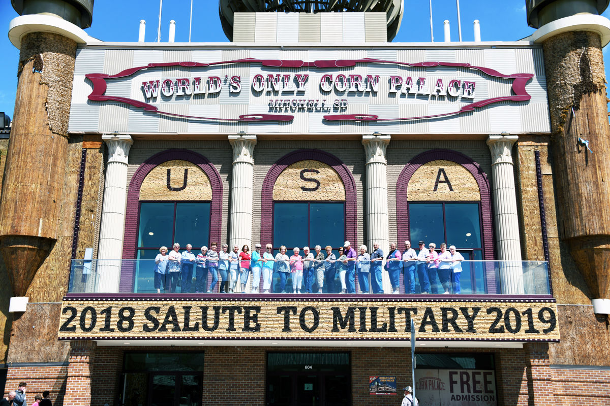 129 Some of Fun Club travelers gathered on the balcony of the Corn Palace.JPG
